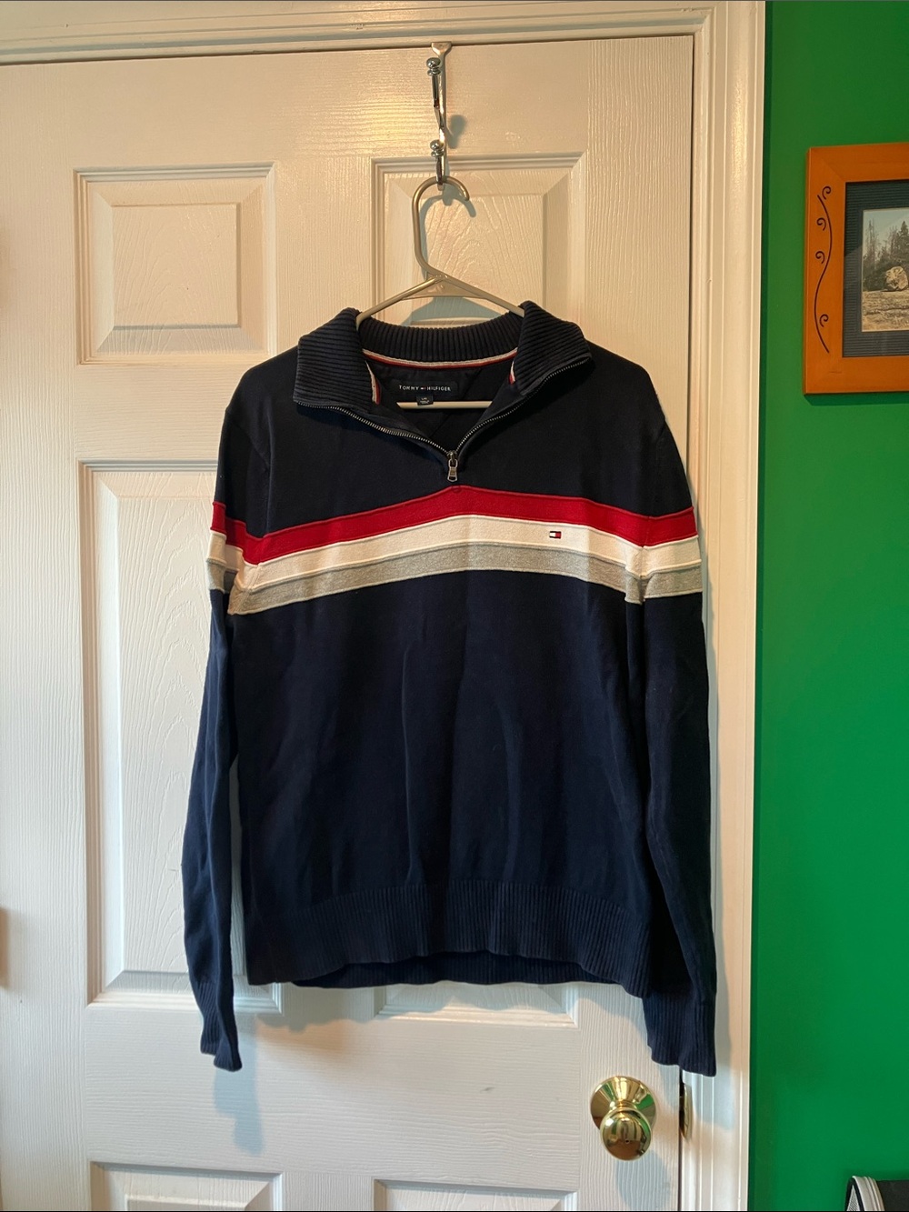 Tommy Hilfiger Navy quarter zip Sweater with Red and White Stripes large